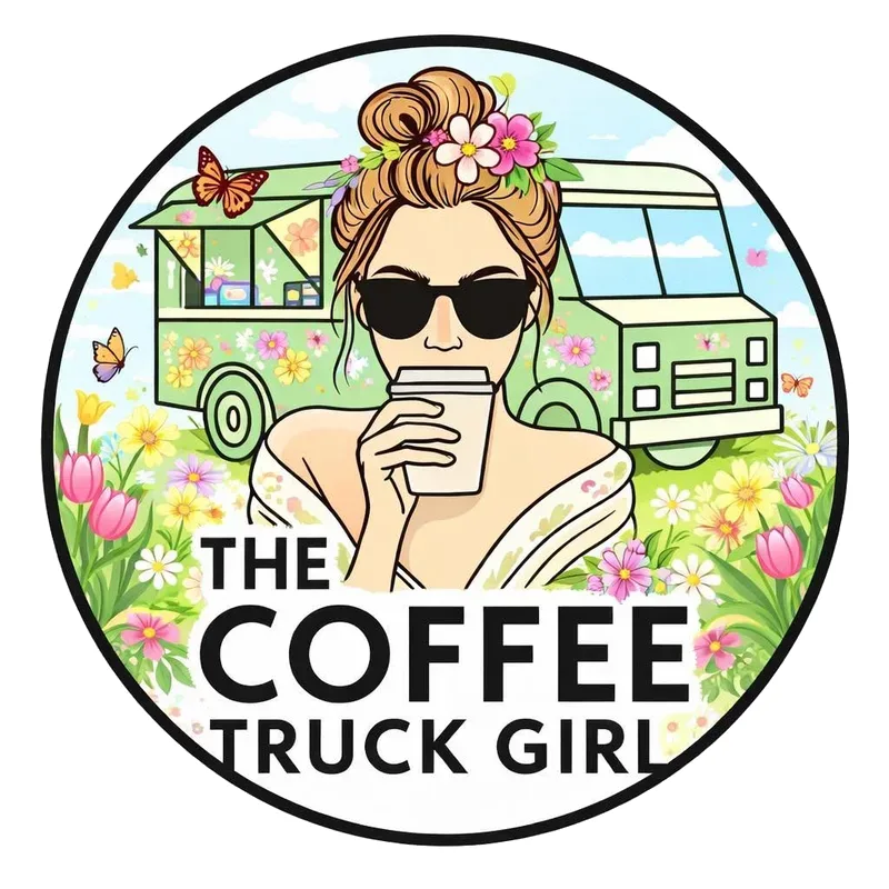 The Coffee Truck Girl spring logo with flowers and butterflies