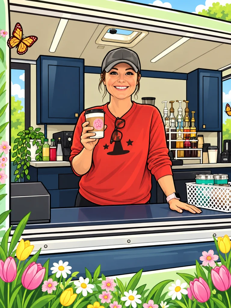 Illustration of The Coffee Truck Girl smiling and holding a coffee cup at her truck's service window, framed by spring tulips and daisies